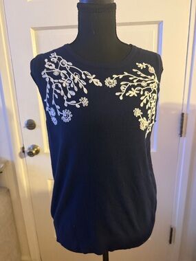 Embroidered Navy Sleeveless Tank Top